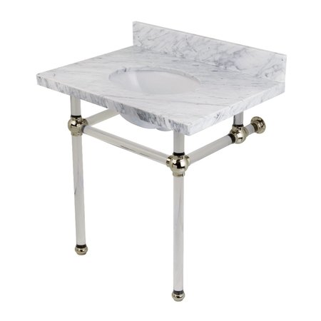 FAUCETURE 30" x 22" Carrara Marble Vanity Top with Clear Acrylic Console Legs, Carrara Marble/Polished Nickel KVPB3030MA6